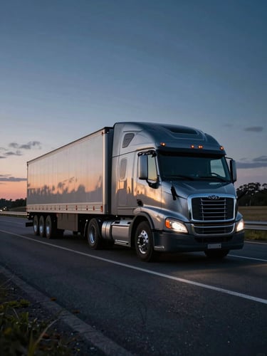Cinematic wide-angle shot of a clean late-model semi-truck moving on an open highway at twilight, metallic reflections, deep navy tones