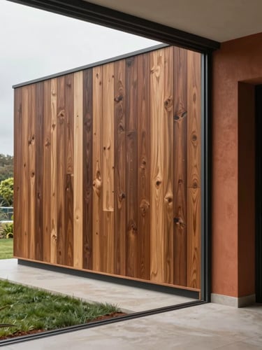 Bespoke residential interior with monsoon-resilient local timber paneling, terracotta accents, soft natural overcast light from a large window.