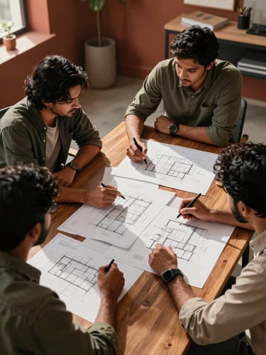 A high-angle architectural photograph of the Yuthikas design team reviewing blueprint schematics on a polished wooden table in a sunlit Guwahati studio, warm terracotta details visible.