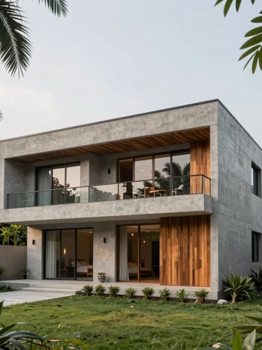 A modern architectural residential villa in Guwahati, featuring clean concrete lines and warm local wood accents, framed by lush tropical greenery of Assam under soft overcast daylight.