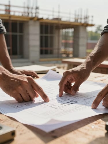 Close-up of hands reviewing blueprints on a wooden table at an active Guwahati construction site, warm natural daylight, concrete structure visible in the background.