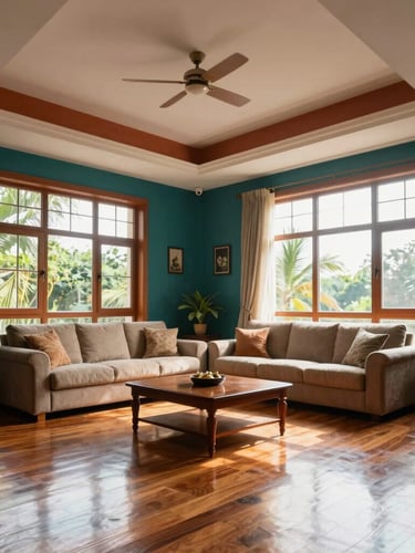 A beautifully designed residential living room in Guwahati, high ceilings, natural light from tall windows reflecting off polished local wood floors, deep teal and warm terracotta accents, architectural perspective.