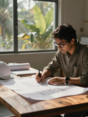 Architectural designers and engineers reviewing blueprints on a solid wood table in a sunlit Guwahati studio, warm morning light filtering through tropical foliage outside, high-contrast shadows.