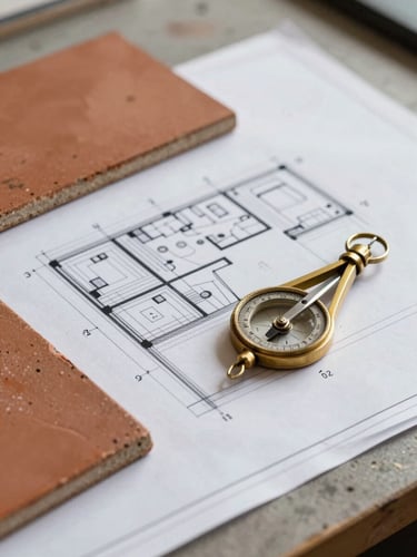 Close-up of architectural blueprint plans laid out on a site table, with a terracotta tile sample and a brass compass, soft natural light.