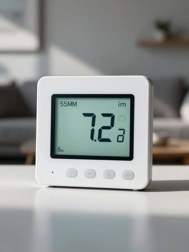 Close-up of a digital thermostat display showing 72 degrees, with a blurred background of a cool, shadowed indoor living room, crisp modern tones, 35mm.