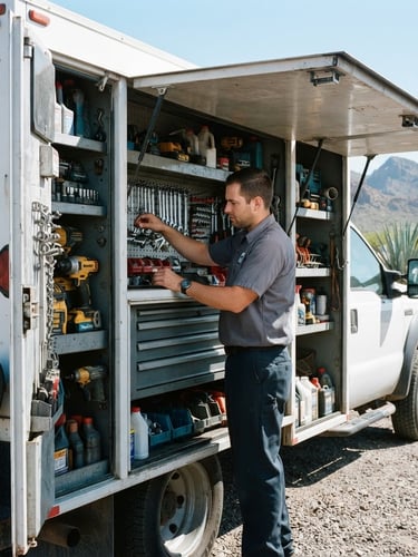 Fully stocked service truck with a uniformed technician organizing tools inside, seen from the side, under bright Arizona sun, cool shadows inside the truck, sharp focus.