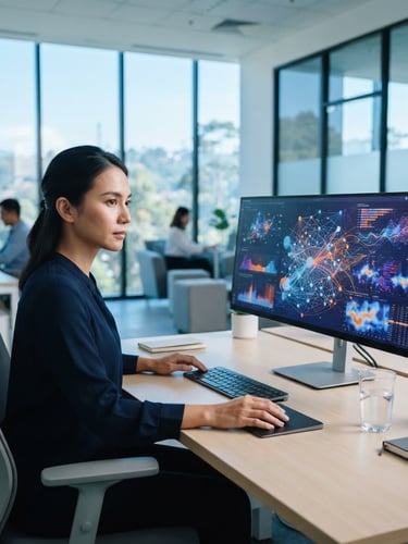 Modern clean office space in Bogor, abstract data visualization on a screen, bright daylight with blue undertones, sharp focus, 35mm lens