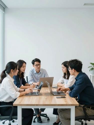 Clean minimalist office space in Bogor, bright natural daylight with cool blue undertones, professional technology team discussing strategic plans around a wooden table, 35mm lens