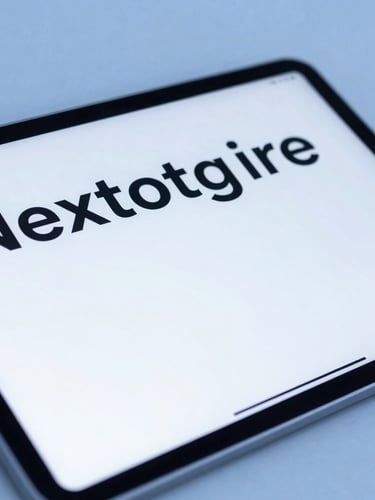 Close up of a modern tablet displaying a clean minimalist digital magazine interface, cool blue lighting, sharp focus on typography, professional environment