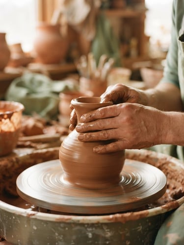 Close-up of hands shaping wet clay on the wheel, warm morning light, soft shadows, earthy terracotta tones, 35mm film