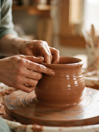 Close-up of wet terracotta clay being shaped by hands on a potter wheel, soft morning sunlight reflecting on the wet surface, shallow depth of field, 35mm film style