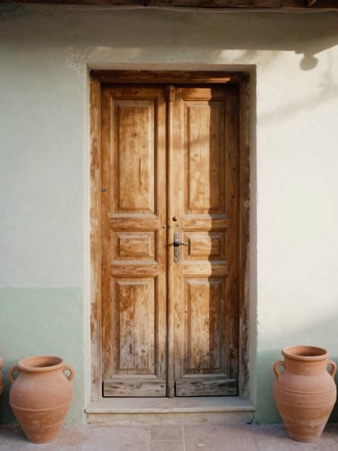 A rustic wooden door of a pottery workshop in Madrid, warm morning light, terracotta pots on the ground, 35mm film