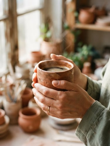 Close-up of warm hands cradling a textured terracotta ceramic mug filled with coffee, soft morning sunlight filtering through a workshop window, shallow depth of field
