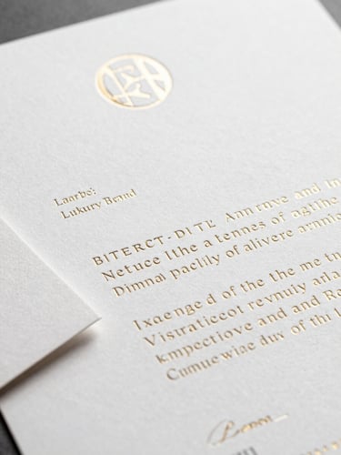 Close-up of a completed luxury brand identity — embossed letterhead and a die-cut business card on a white surface, champagne gold foil letterpress detail filling the right two-thirds of frame, crisp overhead studio light, minimal background