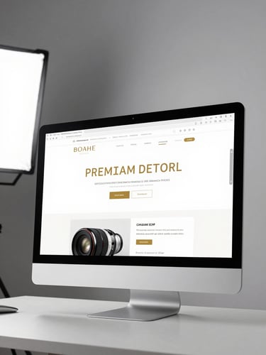 Wide-angle studio shot of a premium brand website displayed on a large desktop monitor, crisp white interface with gold typographic hierarchy, clean desk surface, sharp studio strobe lighting from the left, finished product photography at full scale