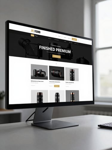 Finished premium website displayed on a large monitor in a clean studio workspace, screen showing a high-contrast typographic layout with gold accent UI elements, left side of frame, crisp daylight from a window to the right, minimal desk surface visible