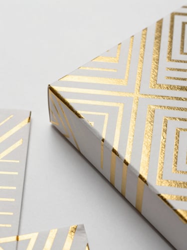 Luxury product packaging design — a premium box and sleeve system on a clean white surface, geometric gold foil pattern on matte white stock, right third of frame, crisp overhead studio strobe, extreme close-up detail of the foil texture