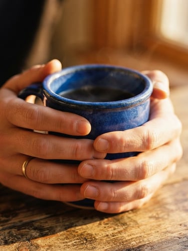 Tight macro shot of a thick-rimmed cobalt blue mug held in two hands, warm golden-hour window light casting long shadows on a rustic wooden table, shallow depth of field, 35mm