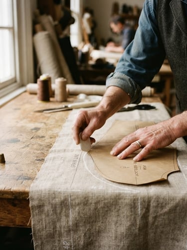 Hands of a master tailor marking heavy linen fabric with white chalk on a rustic wooden drafting table, soft side-lighting from a workshop window, tactile grain, 35mm photography