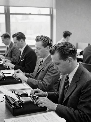 Classic black and white photojournalism of a busy mid-century style newspaper newsroom, journalists working on typewriters, natural overcast light from high windows, soft 35mm grain, vintage editorial atmosphere.