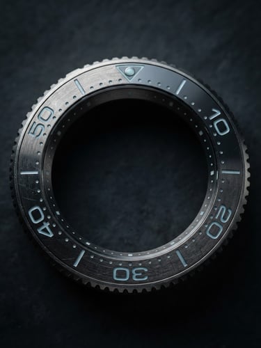 Macro studio shot of a titanium watch bezel, dramatic low-key rim lighting, dark moody charcoal background, sharp metallic textures.