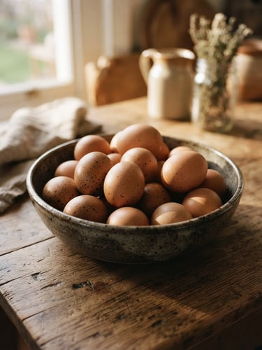 Rustic ceramic bowl filled with brown, textured farm-fresh eggs on a wooden table, soft morning sunlight casting long shadows, warm editorial photography, 35mm film.