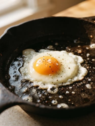 Close-up shot of a farm-fresh egg cracked into a rustic cast-iron skillet, showing a vibrant deep-orange yolk, warm morning sunlight casting soft side shadows, shallow depth of field, 35mm film.