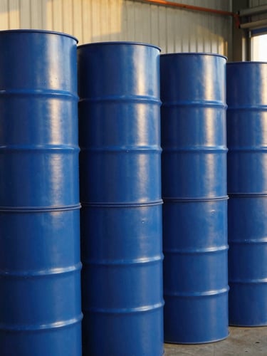 A high-contrast industrial close-up of clean, neatly stacked blue bitumen drums in a modern, well-organized warehouse under bright daylight.