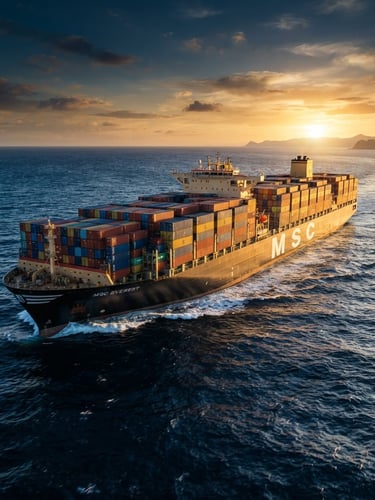 Wide-angle crisp editorial shot of a massive cargo vessel loaded with shipping containers navigating deep blue ocean waters during golden hour.