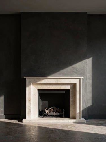 Straight-on architectural elevation of a minimalist living room, deep charcoal walls, honed Belgian bluestone fireplace, dramatic side-light casting long shadows, Hasselblad medium format