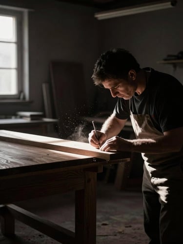 A master cabinetmaker hand-finishing a dark oak joint in a moody, low-lit workshop, sawdust catching a single beam of window light, dramatic shadows