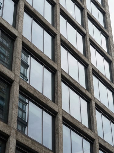 A close-up structural crop of a concrete and glass skyscraper facade, sharp geometric shadows, overcast daylight, architectural lines.