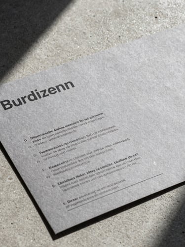 Close-up of printed brand guidelines on heavy textured gray paper, resting on a raw concrete surface, sharp direct sunlight.