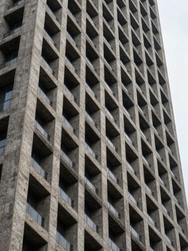 Tight structural crop of concrete and steel skyscraper angles against a sharp overcast sky, high-contrast architectural geometry.