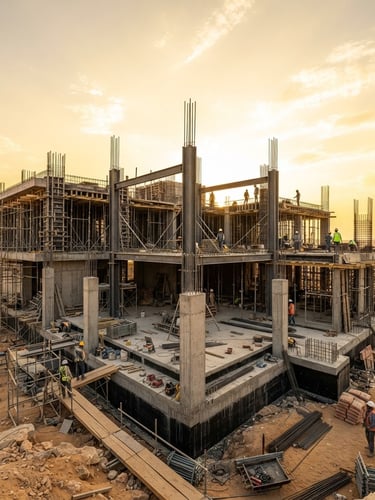 Wide-angle architectural shot of a premium Saudi villa under construction, showing concrete reinforcement and structural steel pillars against a bright golden desert sky, highly detailed.