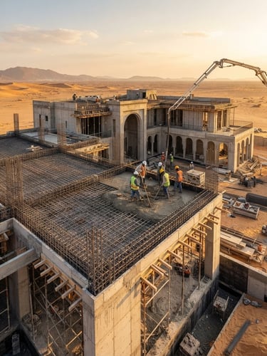 Architectural photography of a luxurious Saudi villa under construction, showing precise structural steel reinforcement and concrete pouring under bright golden hour desert sunlight, high detail.