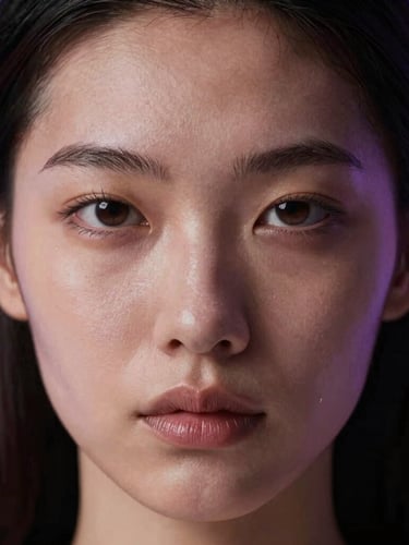 An extreme close-up of a synthetic model's face, flawless skin texture, illuminated by a soft violet screen glow, high contrast, low-key lighting.