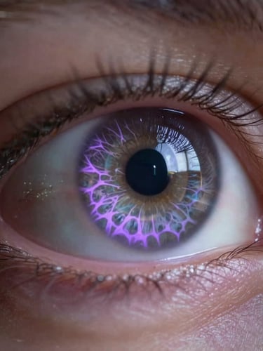 Extreme macro close-up of a human eye reflecting a complex lattice of digital lavender light, soft volumetric glow, dark background