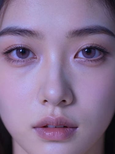 Extreme close-up of a synthetic female portrait with flawless porcelain skin, soft digital lavender light reflecting in her eyes, low-key volumetric glow, dark editorial style.