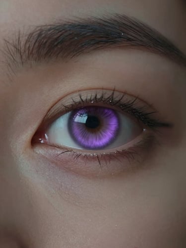 Close-up of a synthetic model's eye reflecting a shifting digital lavender pattern, macro lens, dark minimalist composition.