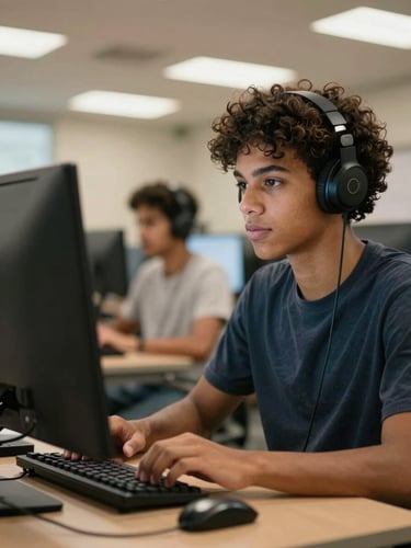 Medium close-up of a focused Brazilian student working on a computer screen inside a brightly lit modern classroom with warm ambient lights.