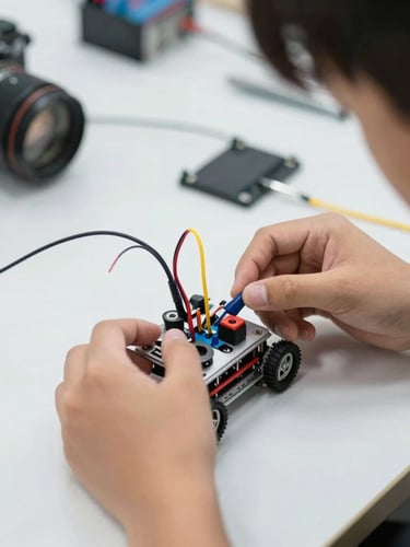 Close-up of hands-on technical training, a young student assembling a small robotic kit with colorful wires on a clean desk.