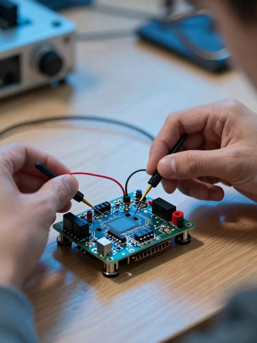 Close-up of a student's hands wiring a small physical robot circuit board on a wooden desk, electric blue ambient lighting.