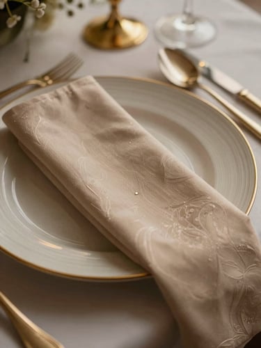 Macro detail of a bespoke table setting at a private estate, brushed champagne-gold accents, low-key ambient lighting.