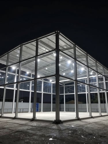 A high-contrast wide architectural shot of an empty, towering steel and glass temporary pavilion frame under dramatic directional spotlights, dark obsidian sky