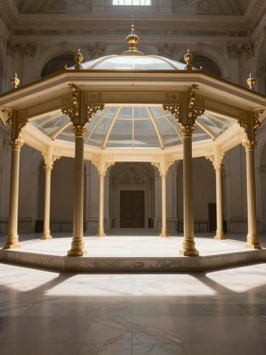 Extreme wide angle of a grand architectural pavilion constructed inside a historic European hall, dramatic spotlighting casting long shadows, minimalist champagne-gold accents.