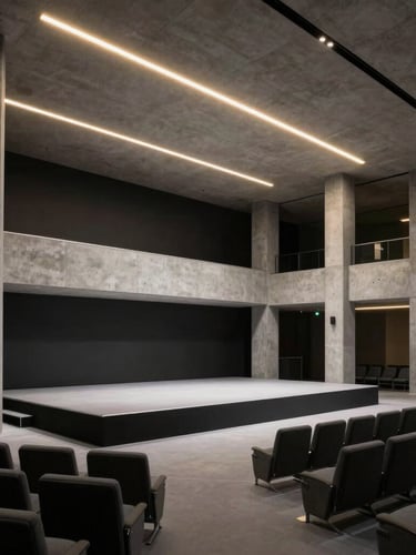 Wide-angle architectural view of a minimalist corporate summit stage in Zurich, razor-sharp concrete pillars, linear gold uplighting, empty modern seating, dramatic low-key ambient lighting.