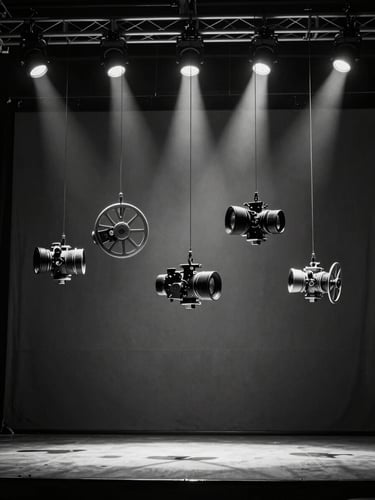 High-contrast black-and-white capture of a custom lighting installation suspended above a minimalist stage, dramatic shadows.