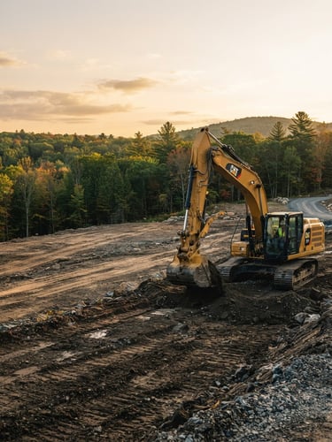 Low-angle heroic shot of a clean, branded heavy excavator operating on a freshly graded site in early morning golden hour, deep forest green and earth tones, crisp details, New England landscape in background, wide cinematic frame. Excavator is on the right, text area on the left.