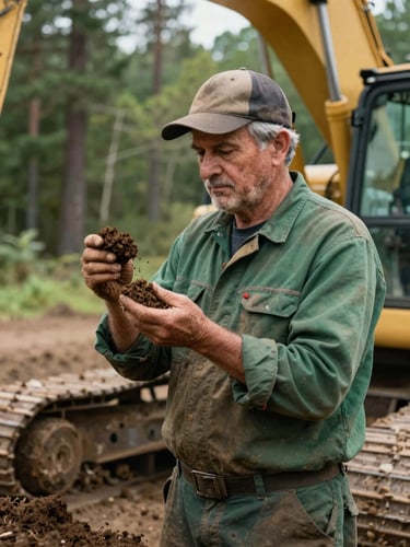 Portrait of a seasoned excavator operator in high-quality workwear, looking thoughtfully at a soil sample, crisp morning daylight, deep forest green and earth tones, rugged editorial photography, sharp details, 35mm.